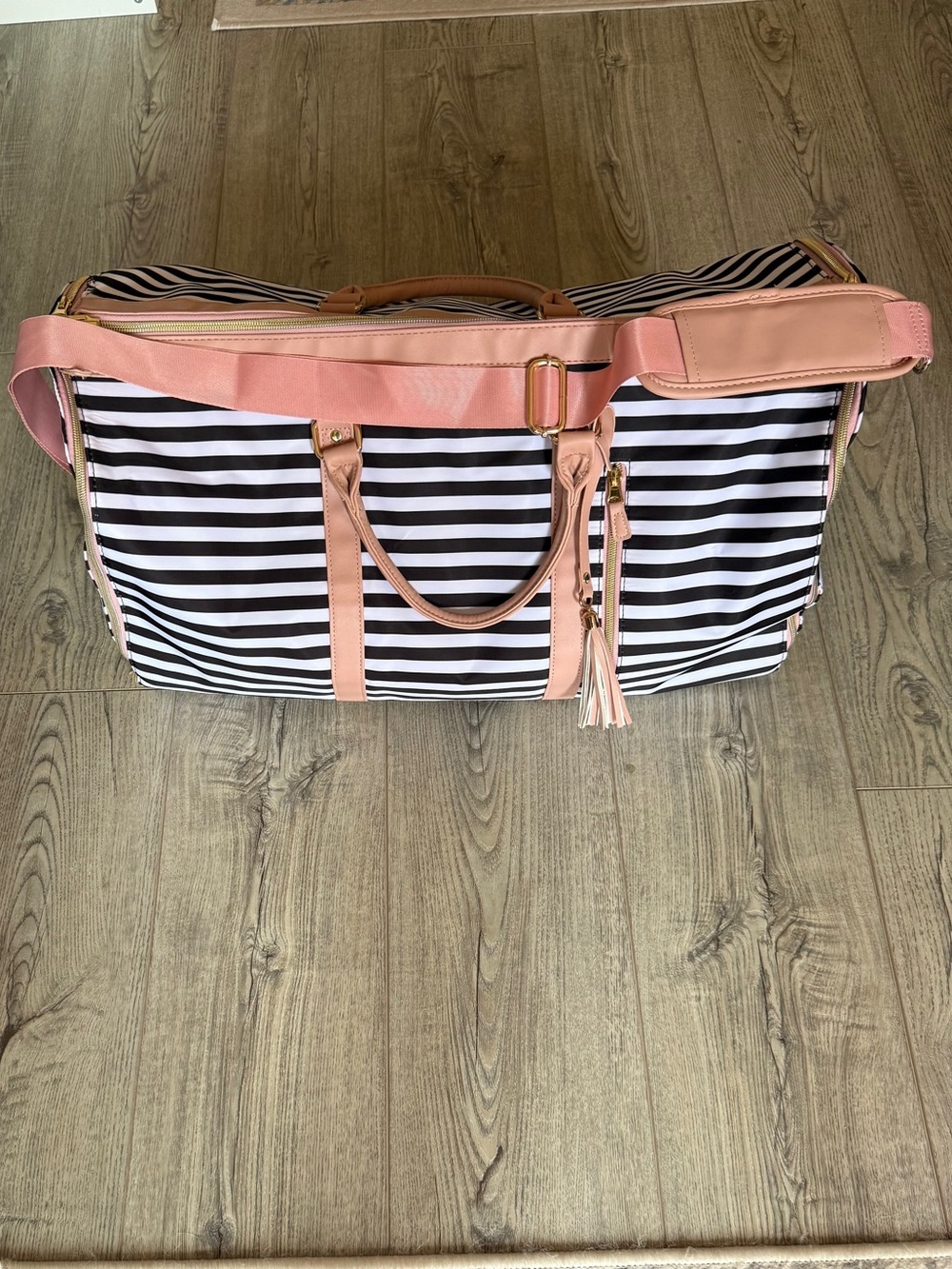 Striped Travel Duffel Bag with Pink Trim